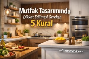 Banner image for a kitchen design guide: Turkish headline 'Mutfak Tasarımında Dikkat Edilmesi Gereken 5 Kural' over a modern kitchen scene.