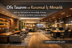Modern office showroom with wood desks, glass walls, and a Turkish banner reading 'Ofis Tasarımı ve Kurumsal İç Mimarlik' and 'softartmimarlik'