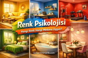 Collage of five colored rooms (yellow, blue, red, green, pink) with a bold Turkish title 'Renk Psikolojisi' and subtitle about which color fits each space.