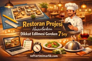 Promotional banner for a restaurant project featuring a chef, floor plan, dining room, and a checklist.