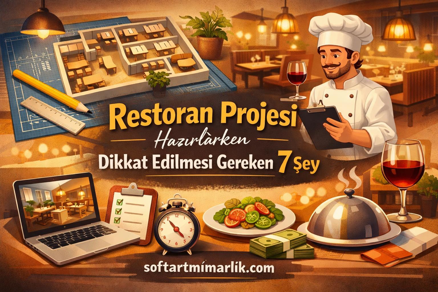 Restoran Projesi Hazırlarken Dikkat Edilmesi Gereken 7 Şey - Soft Art Mimarlık Promotional banner for a restaurant project featuring a chef, floor plan, dining room, and a checklist.