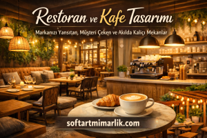 Cozy cafe interior with warm lighting, wooden tables, and a marble foreground table holding a latte and croissant; Turkish signage overhead and a website banner.