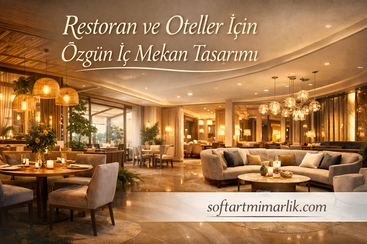 Restoran ve Oteller İçin Özgün İç Mekan Tasarımı - Soft Art Mimarlık Elegant restaurant and lounge interior with warm lighting, beige sofas, and plants; Turkish design ad (softartmimarlik.com)