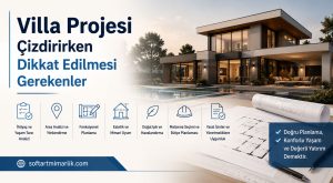 Turkish villa project banner with bold headline and row of service icons, showing a modern house and blueprints in the background.