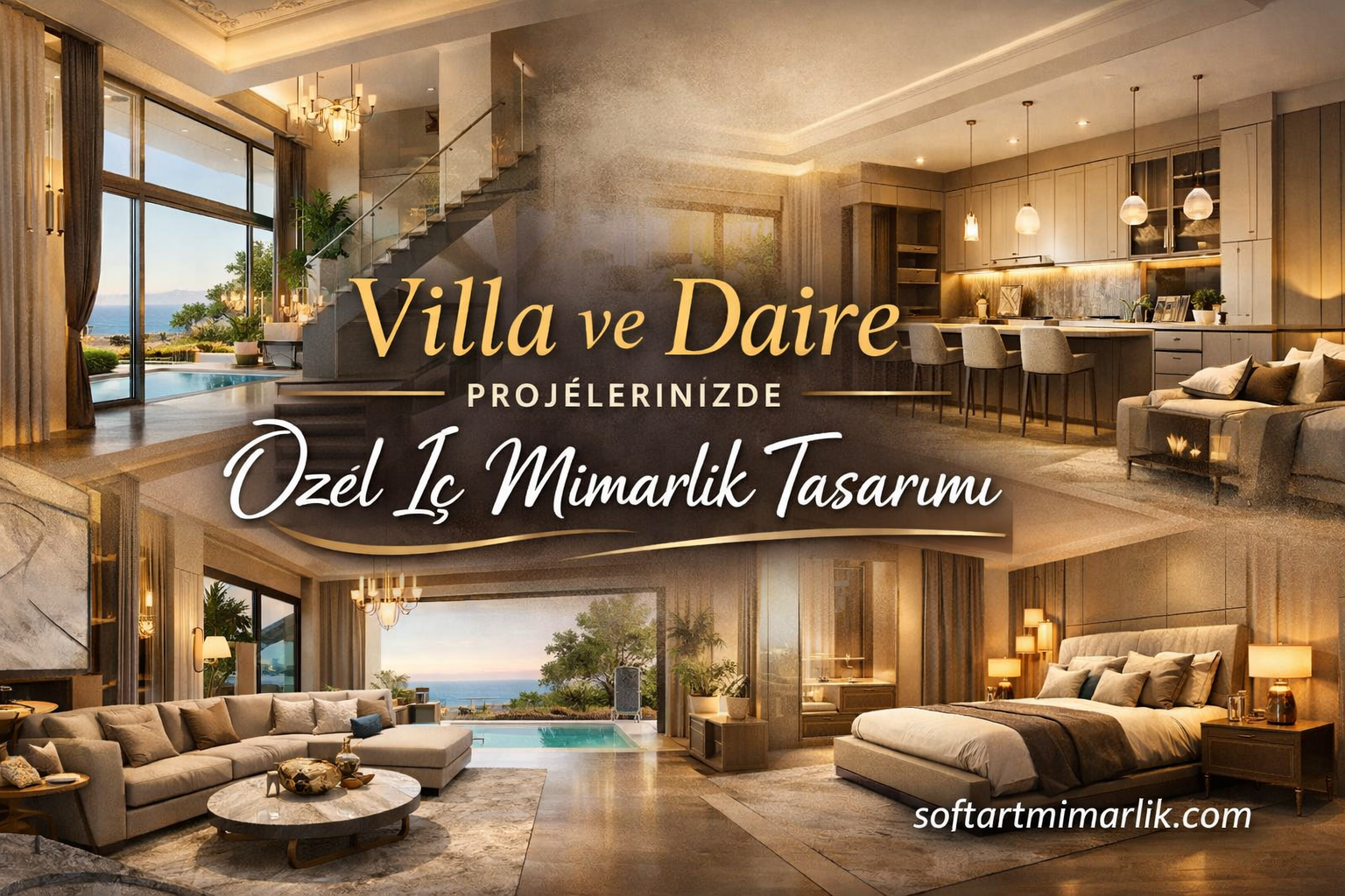 Collage of luxurious villa interiors (living room, kitchen, bedroom) with an outdoor pool, promoting Turkish interior design services.