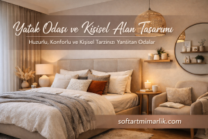 Cozy beige bedroom with a plush bed and warm lighting; Turkish banner advertises 'Yatak Odası ve Kişisel Alan Tasarımı' and softartmimarlik.com.