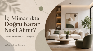 Interior design hero: Turkish title about making the right decision in interior architecture, with a modern living room on the right.