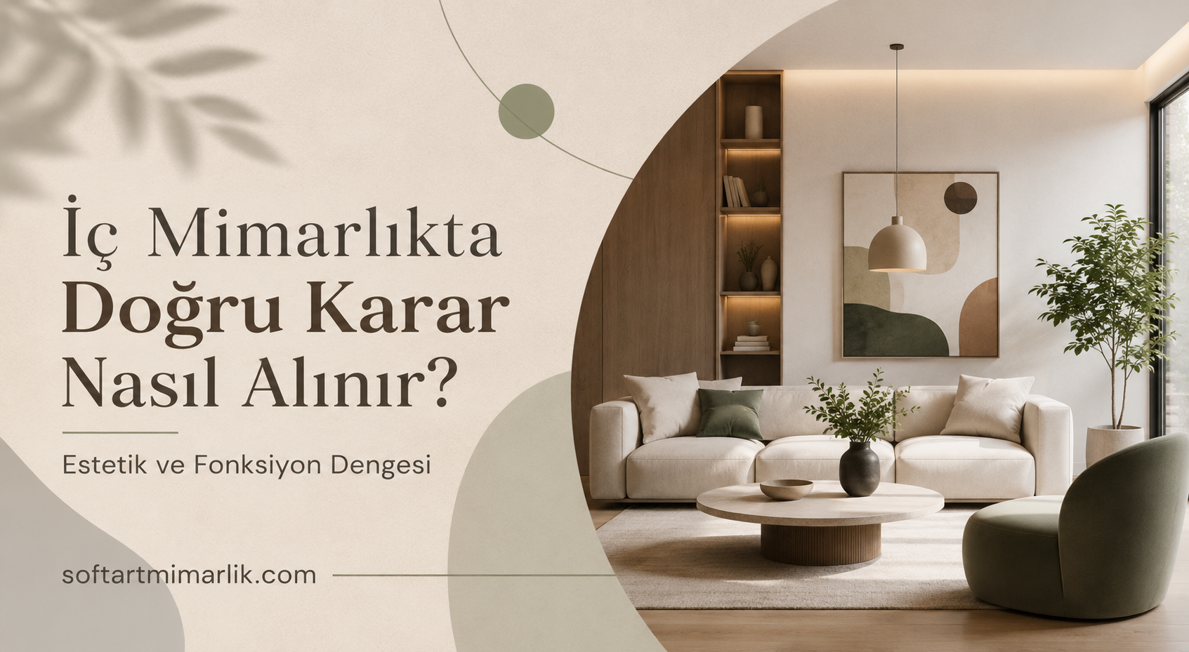 İç Mimarlıkta Doğru Karar Nasıl Alınır - Soft Art Mimarlık Interior design hero: Turkish title about making the right decision in interior architecture, with a modern living room on the right.