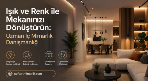 Hero image of a modern, warmly lit living and dining area with large Turkish headline: 'Işık ve Renk ile Mekanınızı Dönüştürün: Uzman İç Mimarlık Danışmanlığı' and the website softartmimarlik.com.