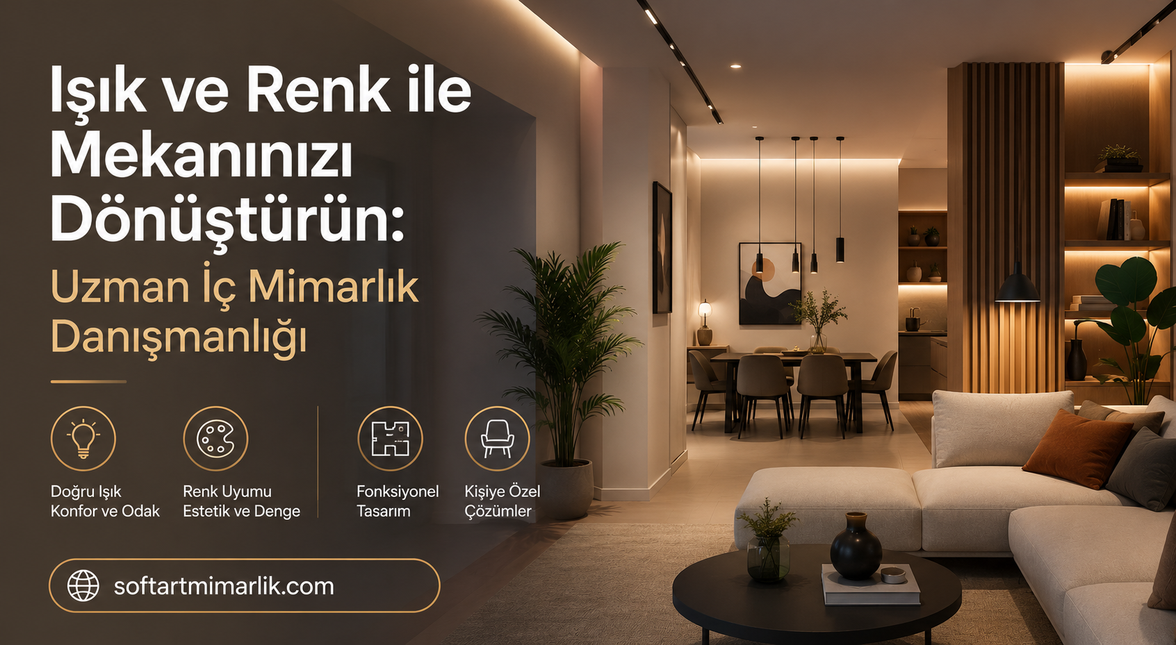 Hero image of a modern, warmly lit living and dining area with large Turkish headline: 'Işık ve Renk ile Mekanınızı Dönüştürün: Uzman İç Mimarlık Danışmanlığı' and the website softartmimarlik.com.