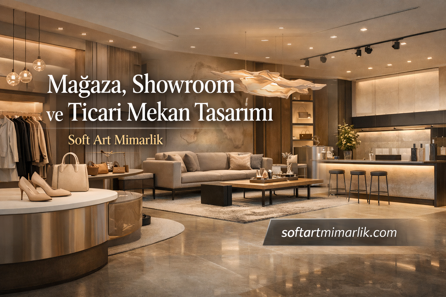 Luxurious showroom interior with beige sofas, coffee table, and clothing racks; bold Turkish text overlay promoting Mağaza, Showroom ve Ticari Mekan Tasarımı and Soft Art Mimarlık (softartmimarlik.com).