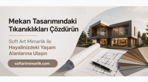 Banner showing a modern two‑story glass house with architectural plans, a pen, and a color swatch fan beside the text in Turkish, promoting Soft Art Mimarlık.