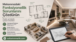 İçerik odaklı tasarım reklamı: bir ev planı çizimi ve modern oturma odasıyla fonksiyonel çözümler sunan Türk tasarım ajansı görseli, web sitesi softartmimar╳lik.com vurgulanıyor