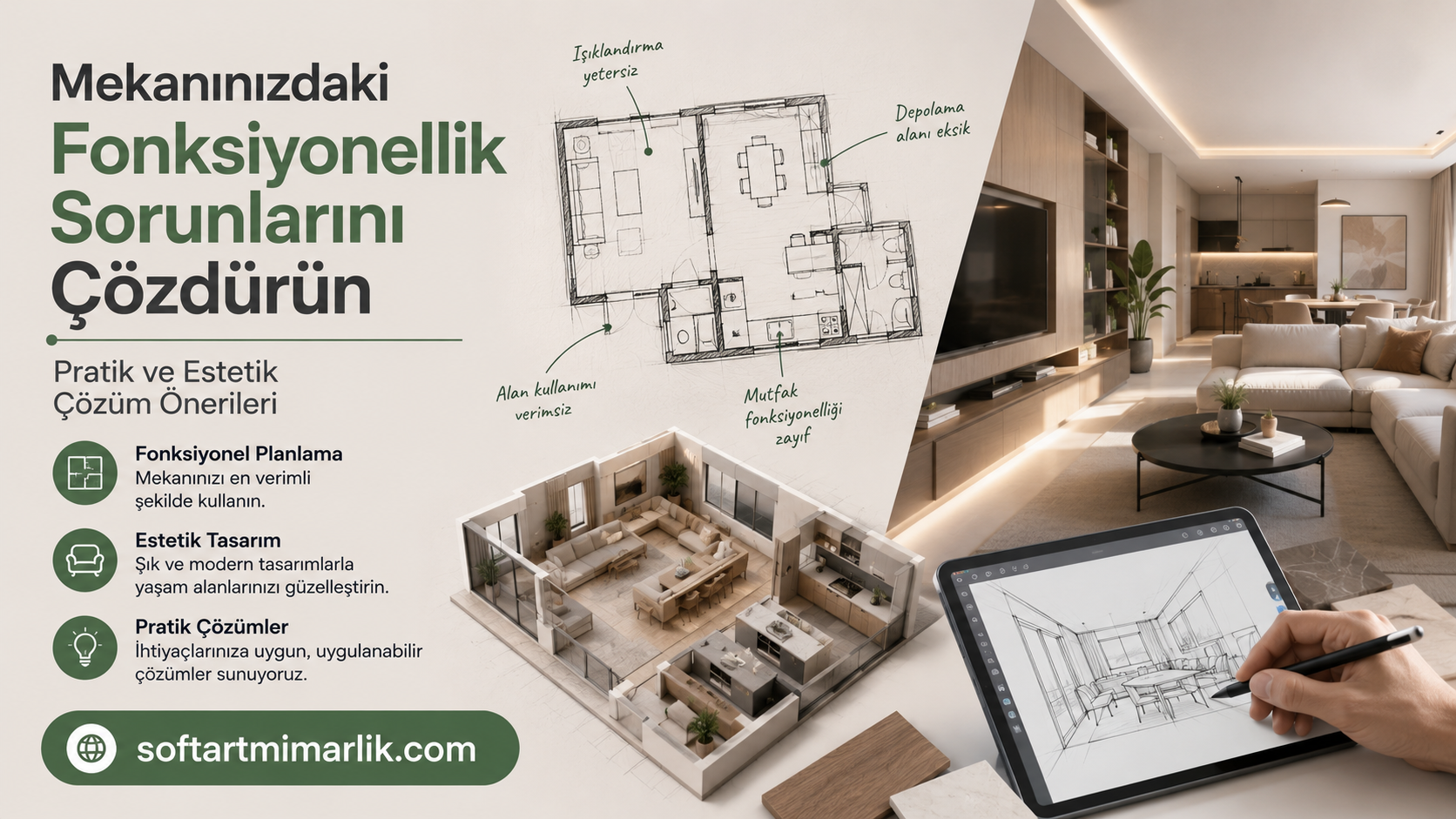Mekanınızdaki Fonksiyonellik Sorunlarını - Soft Art Mimarlık İçerik odaklı tasarım reklamı: bir ev planı çizimi ve modern oturma odasıyla fonksiyonel çözümler sunan Türk tasarım ajansı görseli, web sitesi softartmimar╳lik.com vurgulanıyor