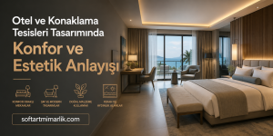 Hotel room with a balcony sea view, warm lighting, and a large Turkish headline about comfort and aesthetics.