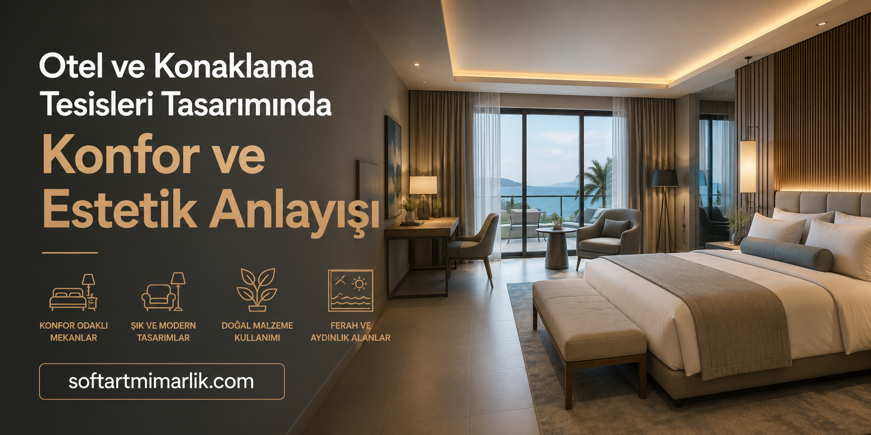Otel ve Konaklama Tesisleri Tasarımında - Soft Art Mimarlık Hotel room with a balcony sea view, warm lighting, and a large Turkish headline about comfort and aesthetics.