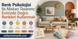Living room with olive green wall, warm terracotta accents, sofa, and color swatches; Turkish headline about color psychology in home design.