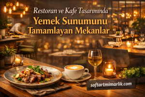 Banner showing a plated beef dish, cappuccino, and a wine glass on a wooden table in a warm restaurant setting; Turkish headline about restaurant and cafe design.