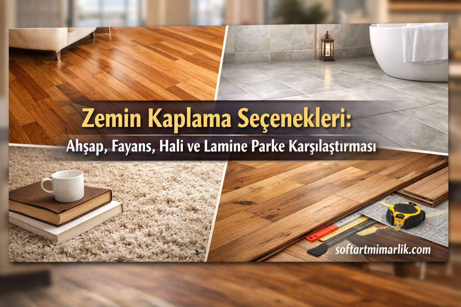 Çok bölümlü zemin kaplama karşılaştırması: ahşap, fayans, halı ve lamine parke görselleri ile başlık 'Zemin Kaplama Seçenekleri' ve site adı softartmimarlik.com.