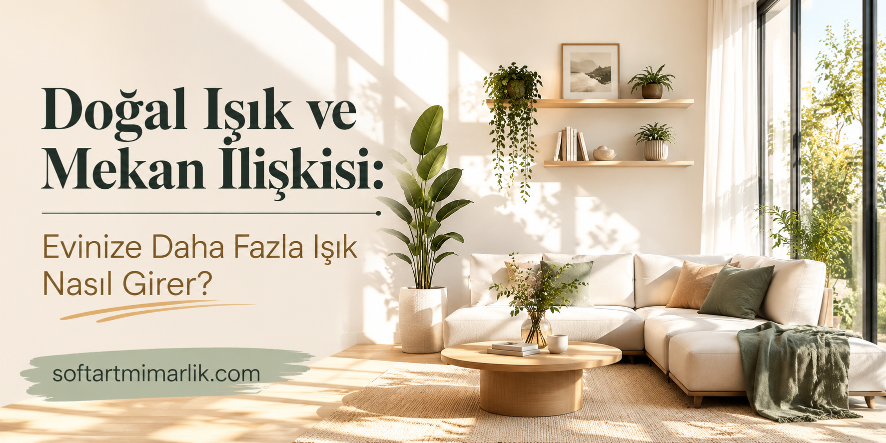 doğal ışık - Soft Art Mimarlık Turkish hero image: 'Doğal Işık ve Mekan İlişkisi:' with subtitle 'Evinize Daha Fazla Işık Nasıl Girer?' in a bright living room.