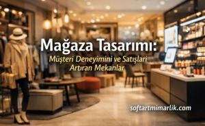 Boutique interior with clothing racks, seating, and a checkout counter; Turkish headline about store design and customer experience.