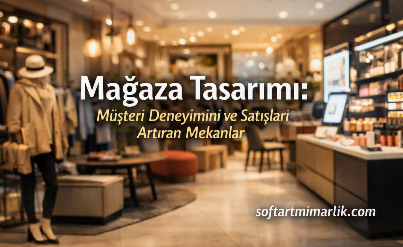 Boutique interior with clothing racks, seating, and a checkout counter; Turkish headline about store design and customer experience.