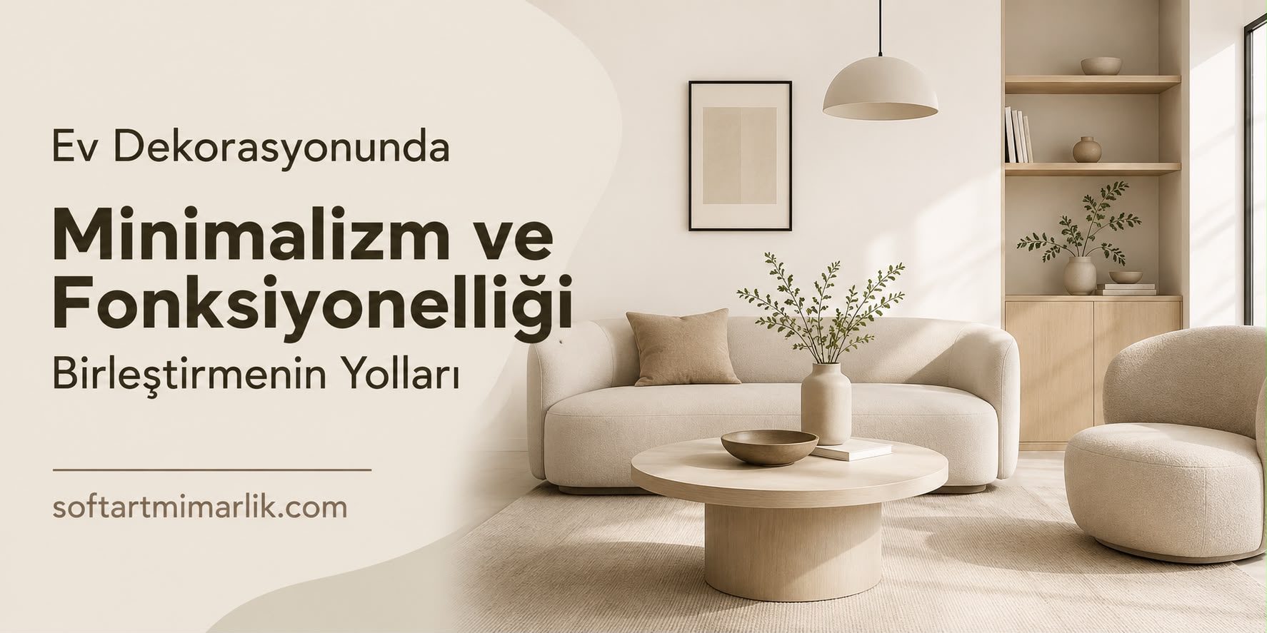 Hero image: beige-toned living room with sofa, round coffee table, and built-in shelves, alongside a bold Turkish headline about minimalism and functionality (softartmimarlik.com).