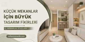 Open-concept living room with sofa, TV console, and kitchen bar; a large left banner displays Turkish design headlines and the site softartmimarlik.com.