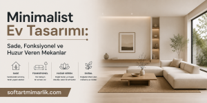Minimalist living room with beige walls, large sofa, wooden coffee table and built‑in shelves; Turkish headline about minimalist home design remains visible.