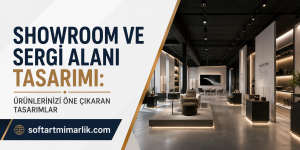 Split-screen banner: left Turkish ad text, right modern showroom with illuminated product displays.