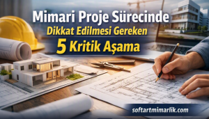 Mimari proje sürecinde dikkat edilmesi gereken 5 kritik aşamayı anlatan başlık görseli; masa üzerinde planlar, model ve kalemle çalışan tasarımcılar