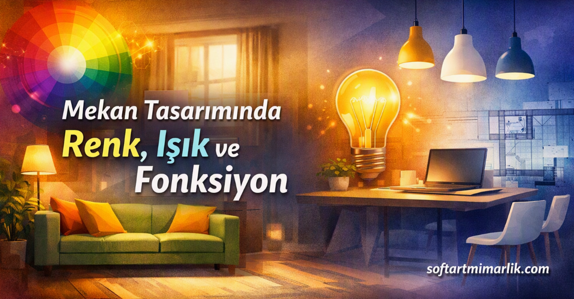 Turkish design banner: 'Renk, Işık ve Fonksiyon' with a colorful color wheel, glowing lightbulb, green sofa and a desk workspace in a bright studio.