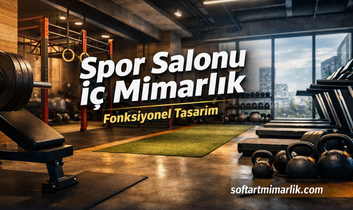 Gym interior with weight machines and kettlebells; bold Turkish headline reads 'Spor Salonu iç Mimarlık' with 'Fonksiyonel Tasarım' subtitle and the URL softartmimarlik.com in the corner.